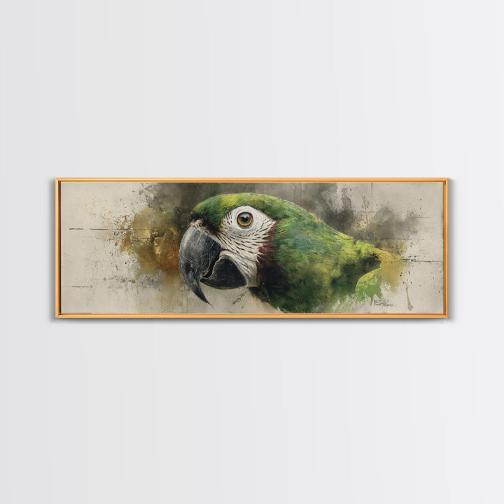Parrot Portrait with Emerald Feathers Canvas Print, Tropical Art, Textured Painting, Living Room Decor, Fine Art, Tropic, TRO-3x1-48