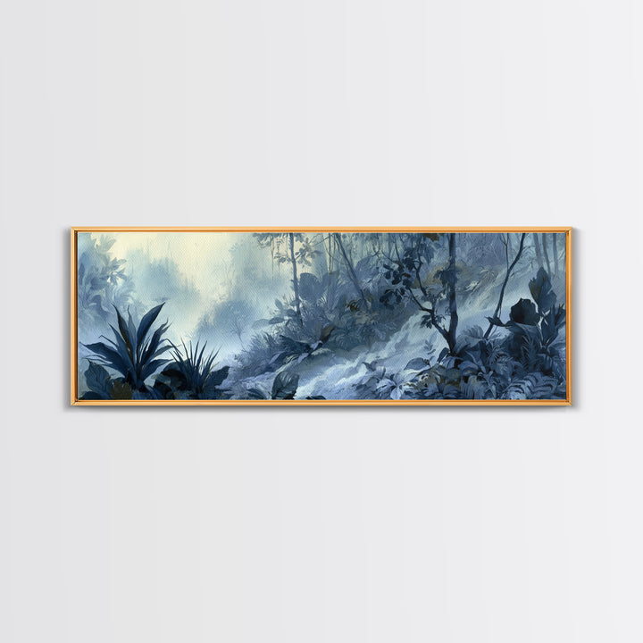 Jungle Waterfall with Misty Light Framed Canvas Print, Tropical Art, Bird Art, Living Room Decor, Watercolor Art, Tropic, TRO-3x1-5