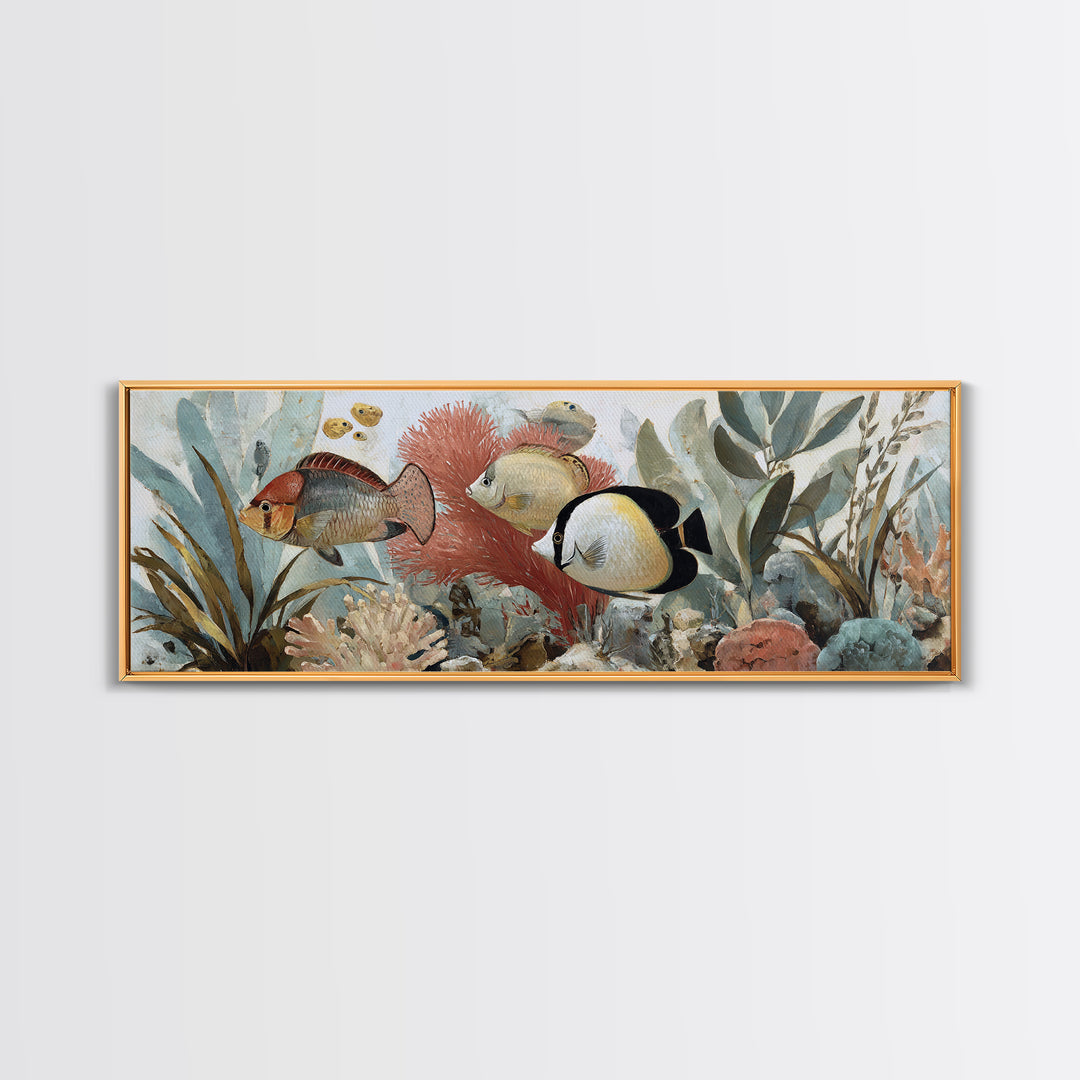 Tropical Fish over Coral Reef Framed Canvas Print, Tropical Art, Printable, Living Room Decor, Fine Art, Tropic, Coastal Decor, TRO-3x1-51