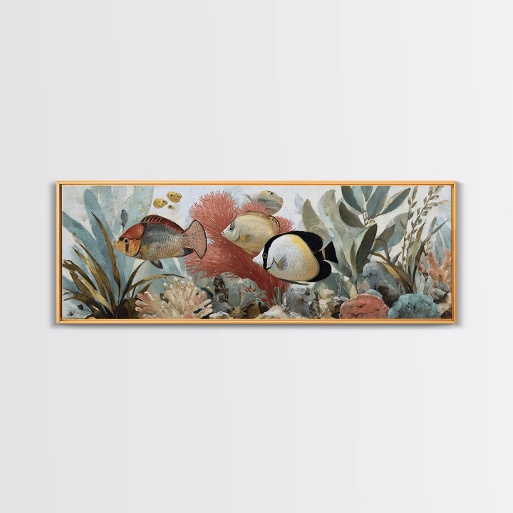 Tropical Fish over Coral Reef Framed Canvas Print, Tropical Art, Printable, Living Room Decor, Fine Art, Tropic, Coastal Decor, TRO-3x1-51