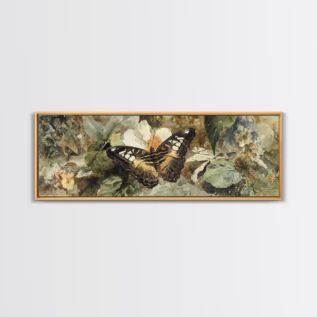 Tropical Butterfly and Flower Study Framed Canvas Print, Tropical Art, Living Room Decor, Watercolor Art, Tropic, TRO-3x1-63
