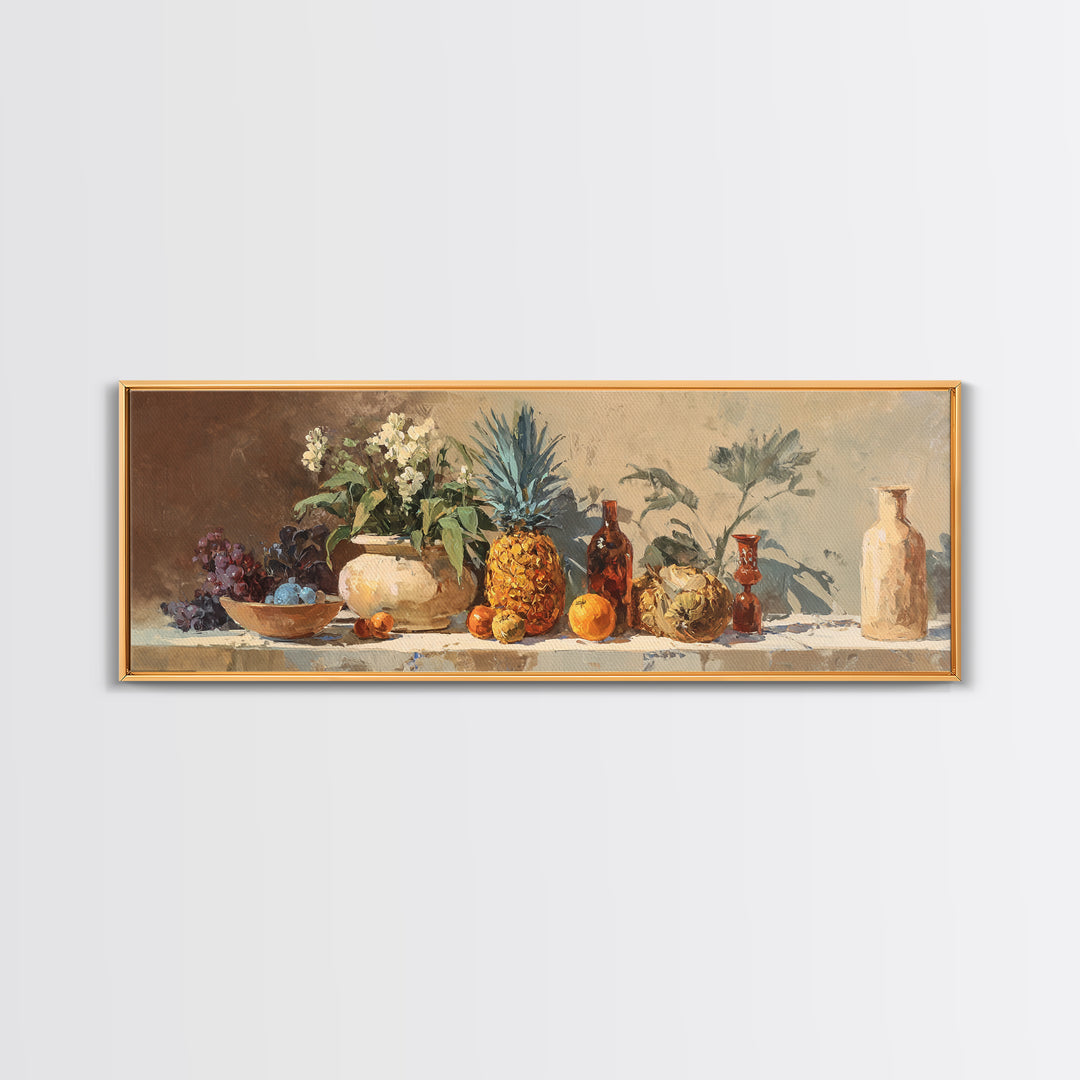 Pineapple and Palm Still Life Canvas Print, Tropical Art, Wall Art, Living Room Decor, Oil Painting, Tropic, Pink Wall Art, TRO-3x1-70