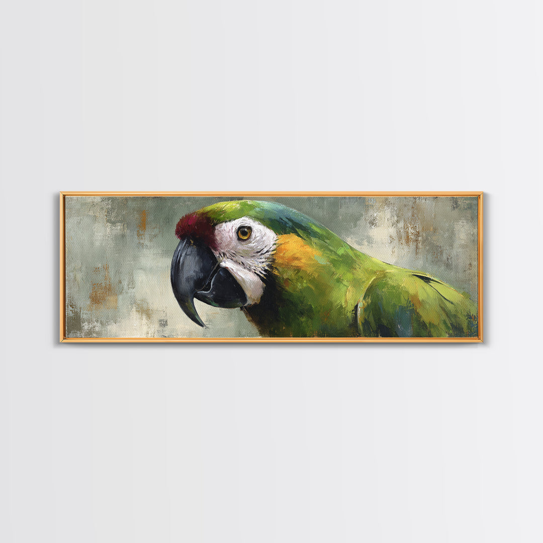 Parrot Portrait with Emerald Feathers Framed Canvas Print, Tropical Art, Wall Decor, Living Room Decor, Fine Art, Tropic, TRO-3x1-72