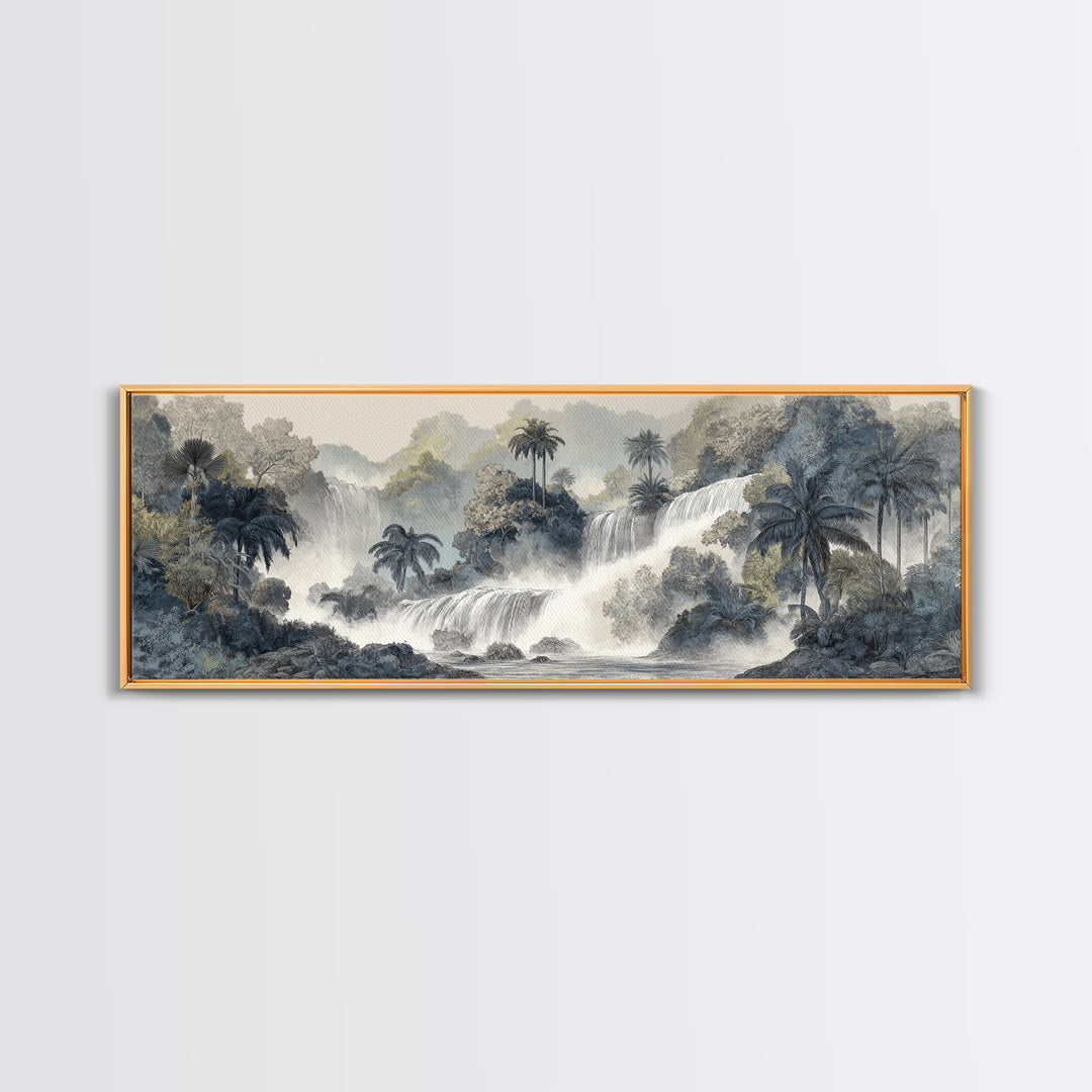 Jungle Waterfall with Misty Light Framed Canvas Print, Tropical Art, Gallery Wall Art, Living Room Decor, Fine Art, Tropic, TRO-3x1-77