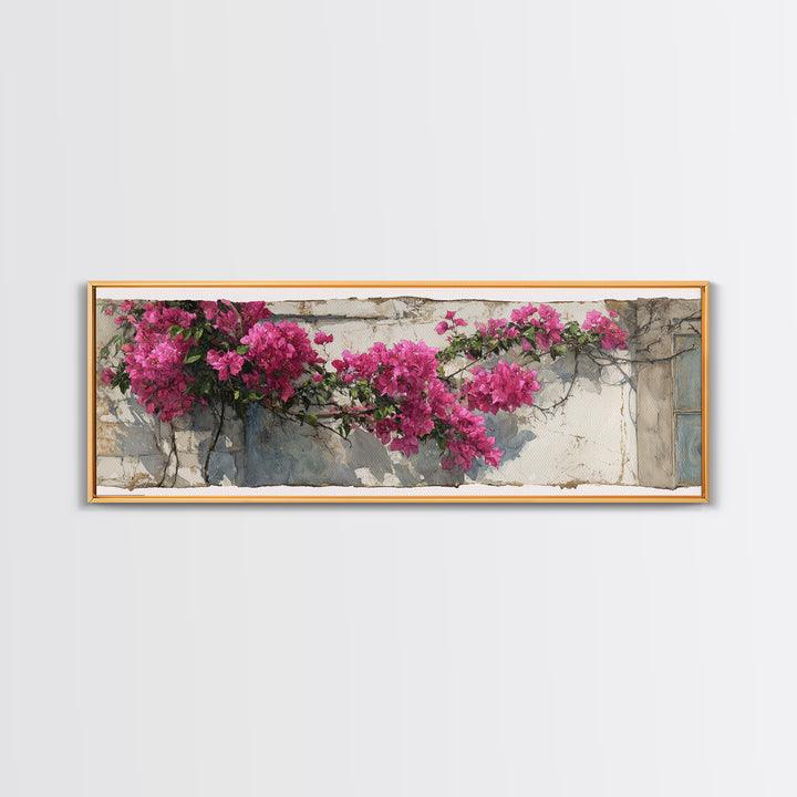 Pink Bougainvillea over White Wall Canvas Print, Tropical Art, Digital Prints, Living Room Decor, Tropic 280, Set of Prints, TRO-3x1-80