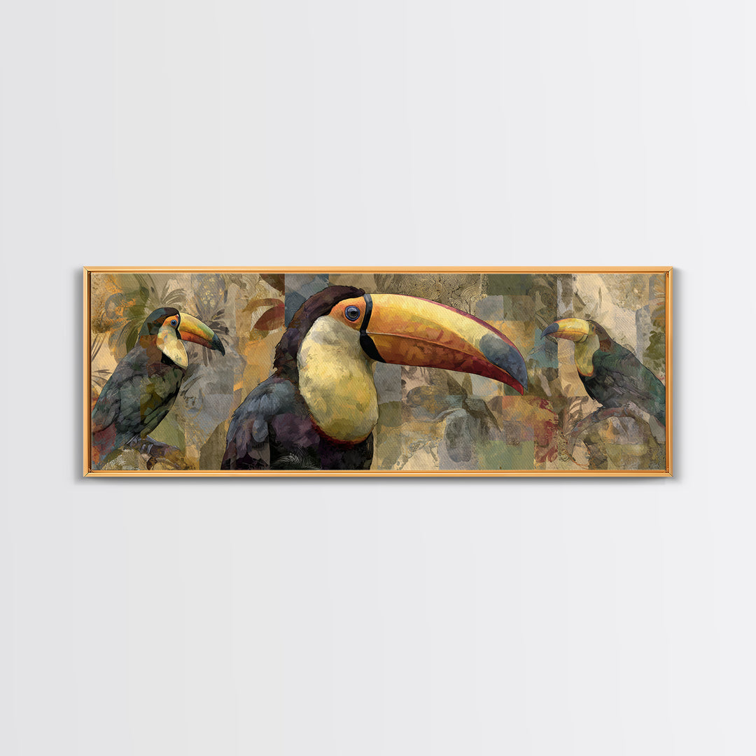 Colorful Jungle Bird Pattern Framed Canvas Print, Tropical Art, Print, Living Room Decor, Fine Art, Tropic, Coastal Wall Art, TRO-3x1-84