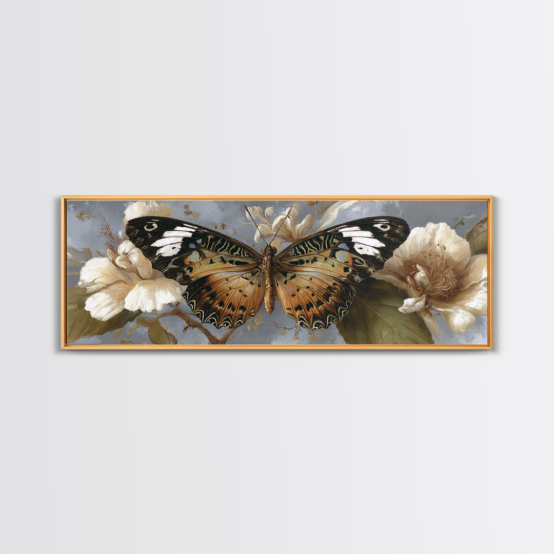 Tropical Butterfly and Flower Study Framed Canvas Print, Tropical Art, Digital Print, Living Room Decor, Fine Art, Tropic, TRO-3x1-87