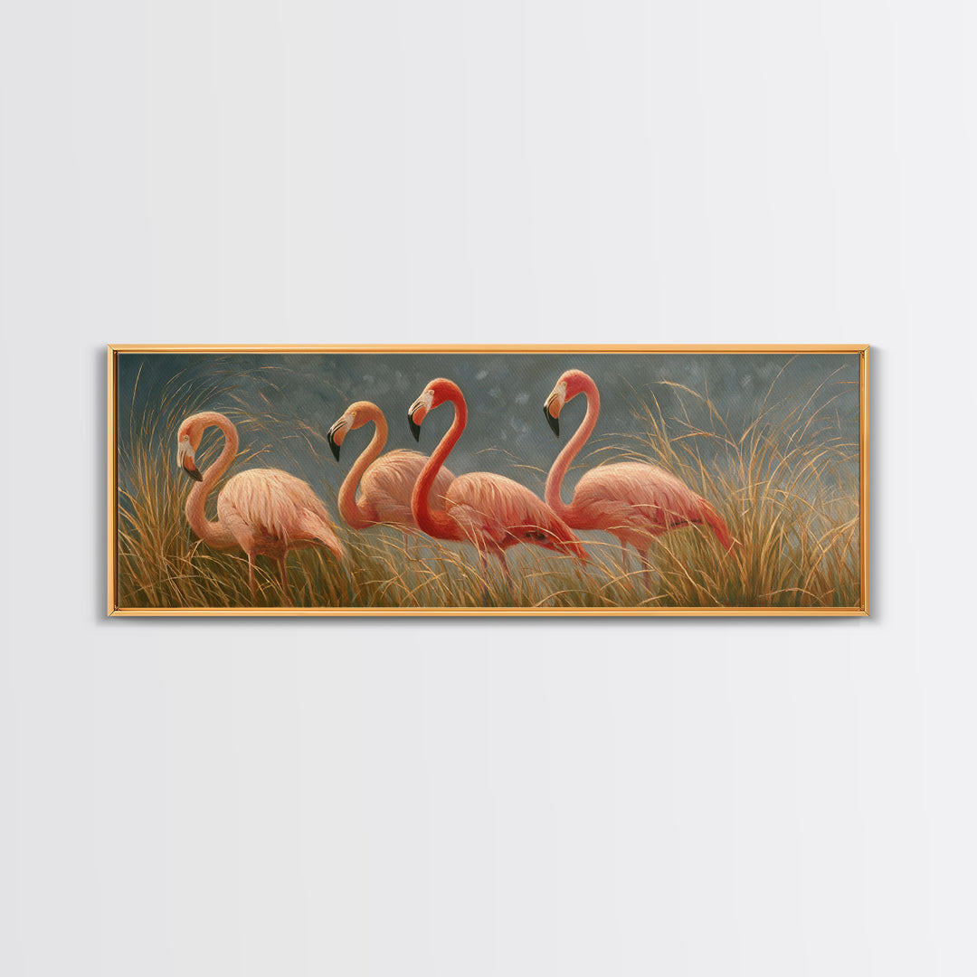 Pink Flamingos Among Tropical Water Plants Framed Canvas Print, Tropical Art, Coastal Art, Living Room Decor, Fine Art, Tropic, TRO-3x1-90