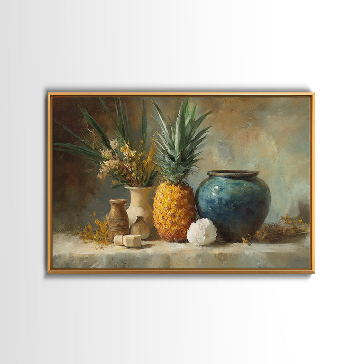 Pineapple and Palm Still Life Framed Canvas Print, Tropical Art, Coastal Wall Art, Living Room Decor, Fine Art, Tropic, TRO-3x2-10