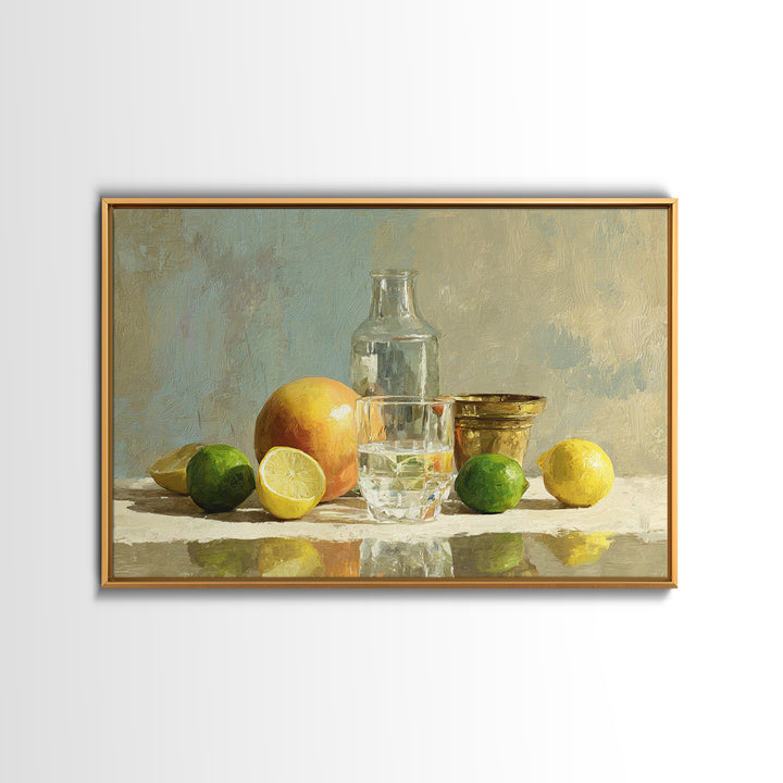 Bright Papaya and Lime Still Life Framed Canvas Print, Tropical Art, Wall Art, Living Room Decor, Oil Painting, Tropic, TRO-3x2-100
