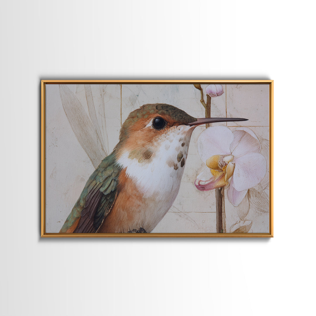 Orchid and Hummingbird Composition Framed Canvas Print, Tropical Art, Pink Wall Art, Living Room Decor, Fine Art, Tropic, TRO-3x2-14