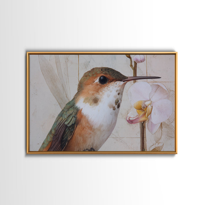 Orchid and Hummingbird Composition Framed Canvas Print, Tropical Art, Pink Wall Art, Living Room Decor, Fine Art, Tropic, TRO-3x2-14