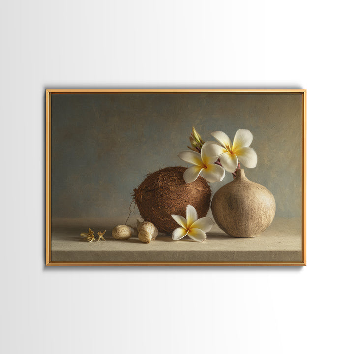 Coconut and Plumeria Still Life Canvas Print, Tropical Art, Downloadable Prints, Living Room Decor, Watercolor Art, Tropic, TRO-3x2-16
