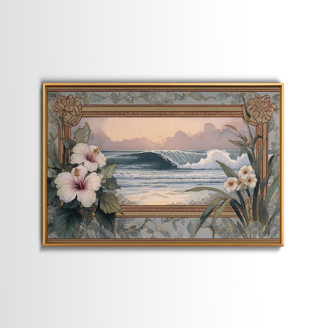 Sunset Surf Scene Framed Canvas Print, Tropical Art, Wall Art Prints, Living Room Decor, Fine Art, Tropic, Beach Wall Art, TRO-3x2-2
