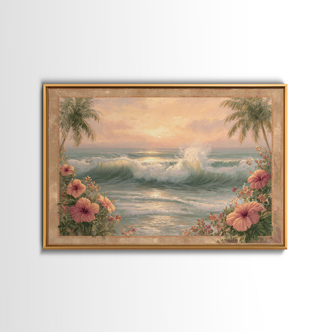Sunset Surf Scene Canvas Print, Tropical Art, Bird Art, Living Room Decor, Watercolor Art, Tropic, Whimsical Art, Botanical Art, TRO-3x2-26