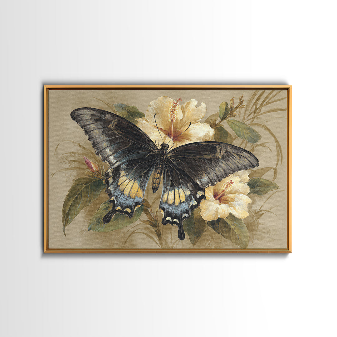 Tropical Butterfly and Flower Study Framed Canvas Print, Tropical Art, Gallery Decor, Living Room Decor, Fine Art, Tropic, TRO-3x2-27