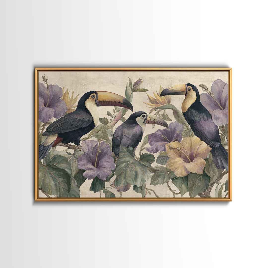 Toucans Surrounded by Bright Jungle Flowers Framed Canvas Print, Tropical Art, Statement Artwork, Living Room Decor, Tropic, TRO-3x2-31