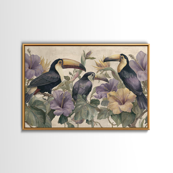 Toucans Surrounded by Bright Jungle Flowers Framed Canvas Print, Tropical Art, Statement Artwork, Living Room Decor, Tropic, TRO-3x2-31