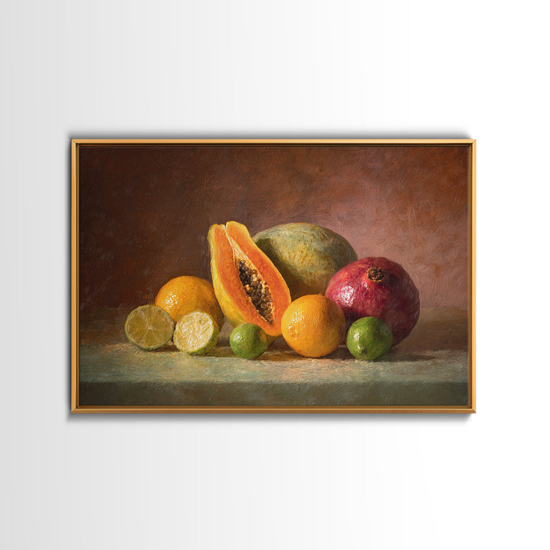 Bright Papaya and Lime Still Life Canvas Print, Tropical Art, Watercolor Painting, Living Room Decor, Oil Painting, Tropic, TRO-3x2-4