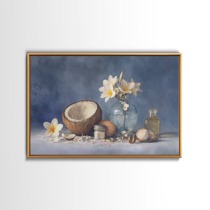 Coconut and Plumeria Still Life Framed Canvas Print, Tropical Art, Botanical Art, Living Room Decor, Oil Painting, Tropic, TRO-3x2-40