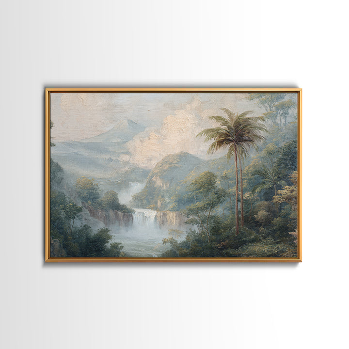 Jungle Waterfall with Misty Light Framed Canvas Print, Tropical Art, Beach Prints, Living Room Decor, Watercolor Art, Tropic, TRO-3x2-41