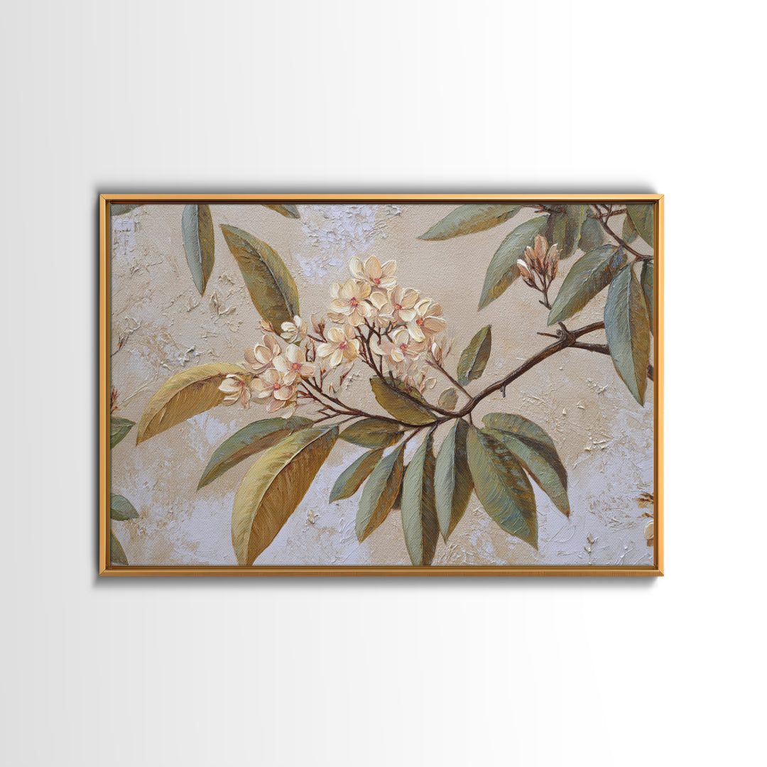 Mango Branch with Leaves and Flowers Framed Canvas Print, Tropical Art, Coastal Decor, Living Room Decor, Fine Art, Tropic, TRO-3x2-46