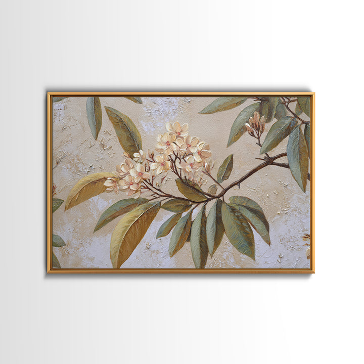 Mango Branch with Leaves and Flowers Framed Canvas Print, Tropical Art, Coastal Decor, Living Room Decor, Fine Art, Tropic, TRO-3x2-46