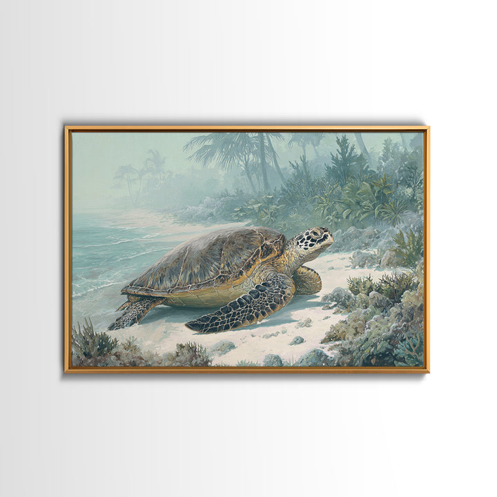 Sea Turtle Near Tropical Reef Framed Canvas Print, Tropical Art, Digital Art, Living Room Decor, Oil Painting, Tropic, TRO-3x2-47
