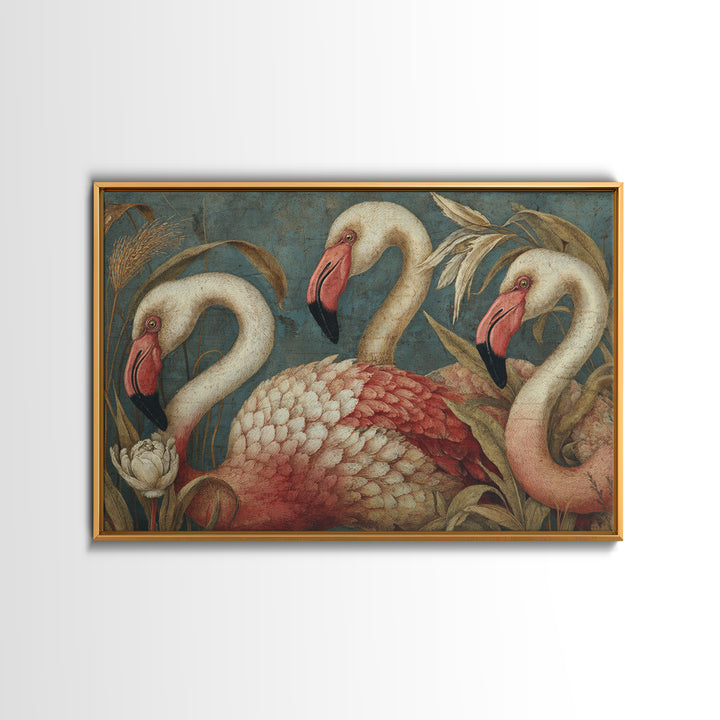 Pink Flamingos Among Tropical Water Plants Framed Canvas Print, Tropical Art, Set of 3 Prints, Living Room Decor, Tropic, TRO-3x2-6