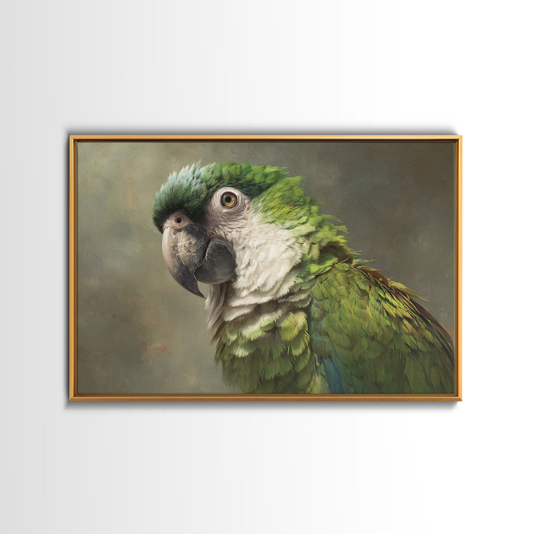 Parrot Portrait with Emerald Feathers Framed Canvas Print, Tropical Art, Textured Painting, Living Room Decor, Fine Art, Tropic, TRO-3x2-60