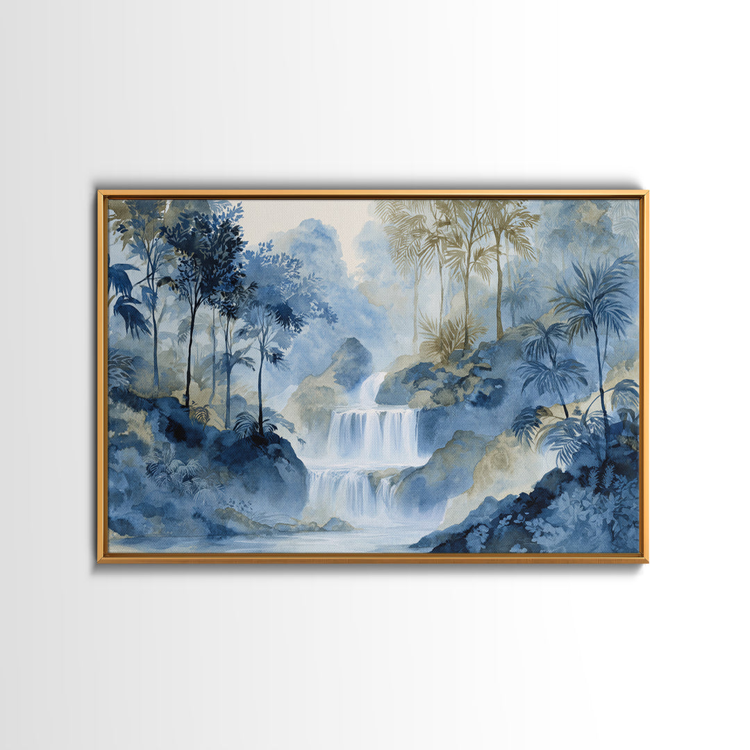 Jungle Waterfall with Misty Light Framed Canvas Print, Tropical Art, Beach Prints, Living Room Decor, Watercolor Art, Tropic, TRO-3x2-65