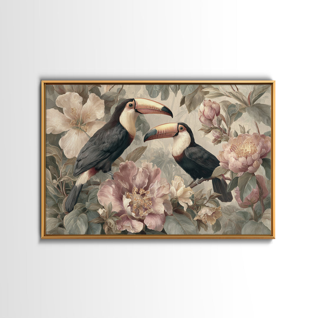 Toucans Surrounded by Bright Jungle Flowers Framed Canvas Print, Tropical Art, Printable Art, Living Room Decor, Tropic, TRO-3x2-7