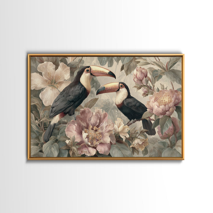 Toucans Surrounded by Bright Jungle Flowers Framed Canvas Print, Tropical Art, Printable Art, Living Room Decor, Tropic, TRO-3x2-7