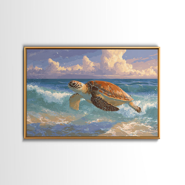 Sea Turtle Near Tropical Reef Framed Canvas Print, Tropical Art, Beach Prints, Living Room Decor, Watercolor Art, Tropic, TRO-3x2-71