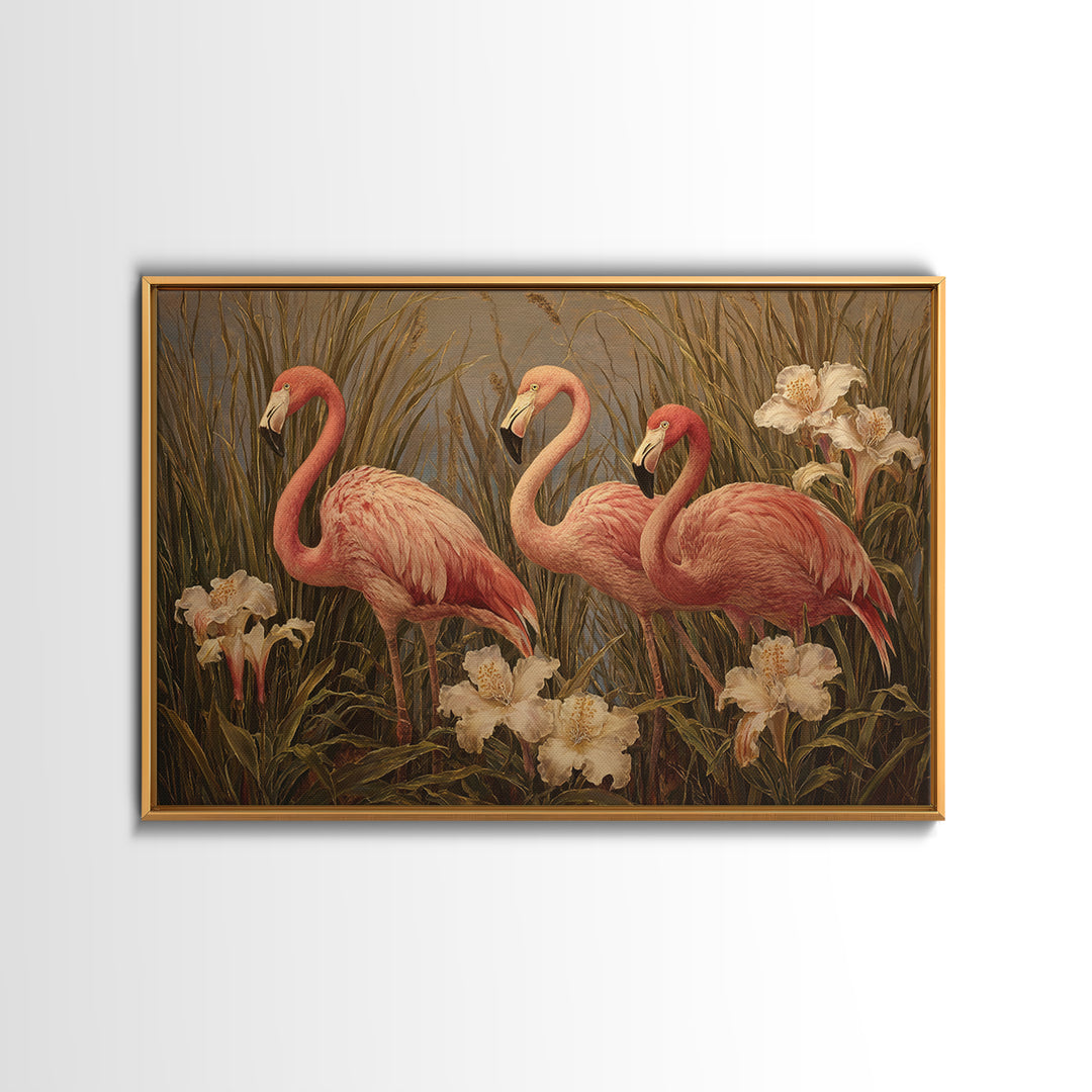 Pink Flamingos Among Tropical Water Plants Framed Canvas Print, Tropical Art, Whimsical Art, Living Room Decor, Tropic, TRO-3x2-78