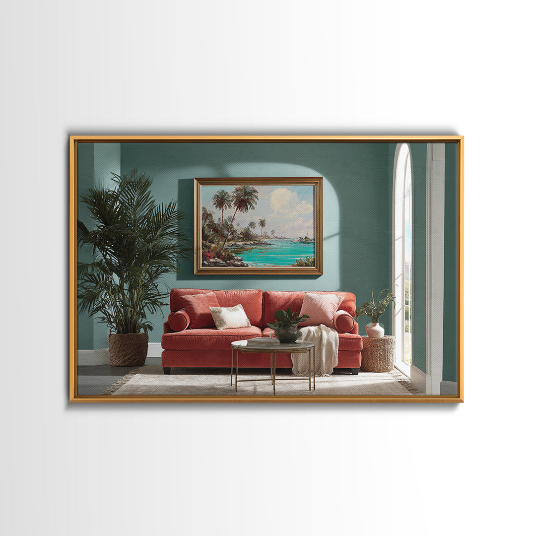 Tropical Lagoon with Turquoise Water Canvas Print, Tropical Art, Pink Wall Art, Living Room Decor, Tropic, Coastal Art, TRO-3x2-83