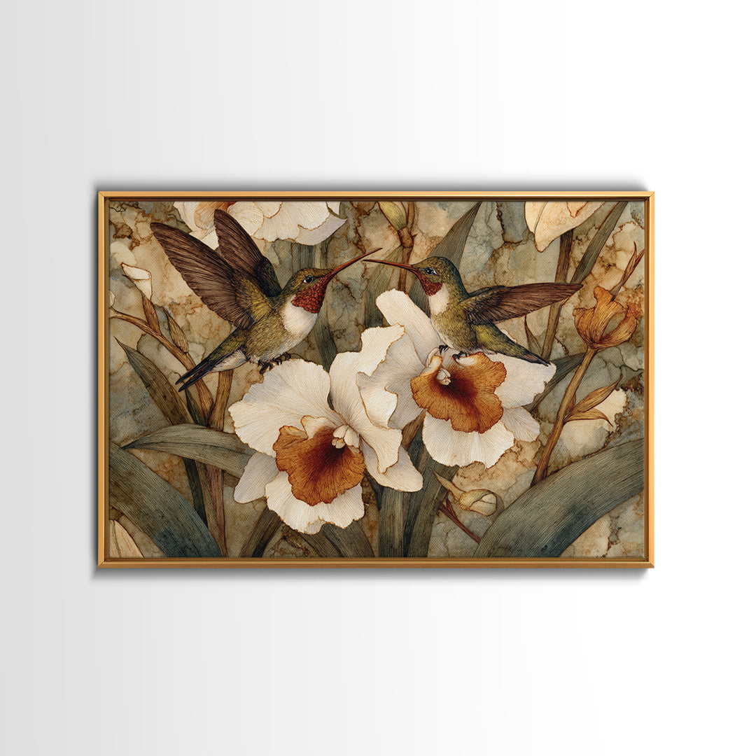 Orchid and Hummingbird Composition Framed Canvas Print, Tropical Art, Trendy Wall Art, Living Room Decor, Fine Art, Tropic, TRO-3x2-86