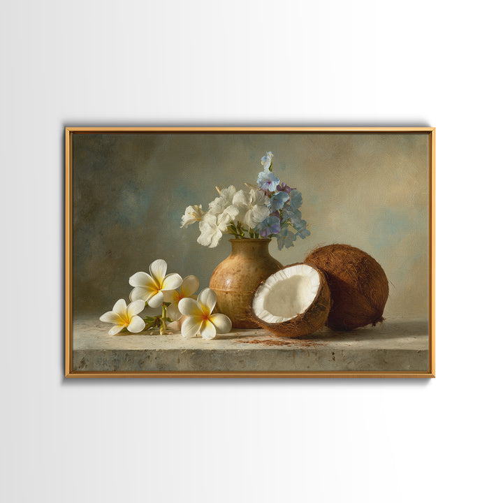 Coconut and Plumeria Still Life Canvas Print, Tropical Art, Decor, Living Room Decor, Tropic 588, Bird Art, Set of Prints, TRO-3x2-88