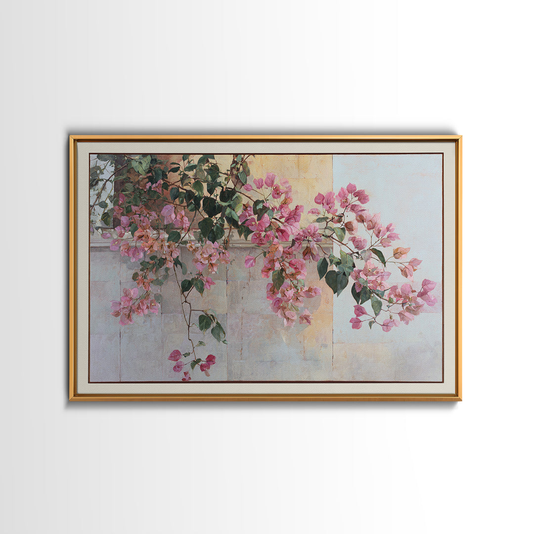 Pink Bougainvillea over White Wall Framed Canvas Print, Tropical Art, Digital Prints, Living Room Decor, Fine Art, Tropic, TRO-3x2-92