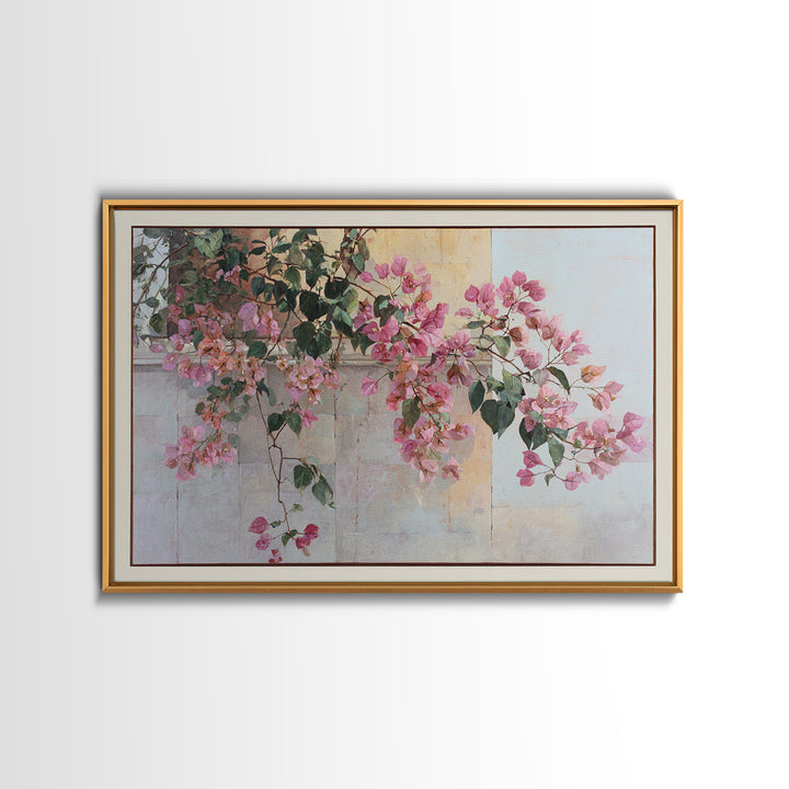 Pink Bougainvillea over White Wall Framed Canvas Print, Tropical Art, Digital Prints, Living Room Decor, Fine Art, Tropic, TRO-3x2-92