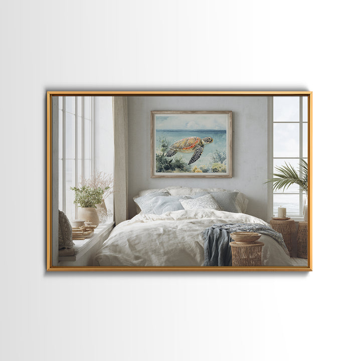 Sea Turtle Near Tropical Reef Framed Canvas Print, Tropical Art, Wall Art Prints, Living Room Decor, Fine Art, Tropic, TRO-3x2-95