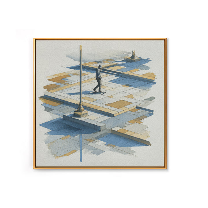 Skateboarder Crossing a Concrete Plaza Canvas Print, Urban Art, Basketball Wall Art, Living Room Decor, Watercolor Art, Urban, URB-1x1-55