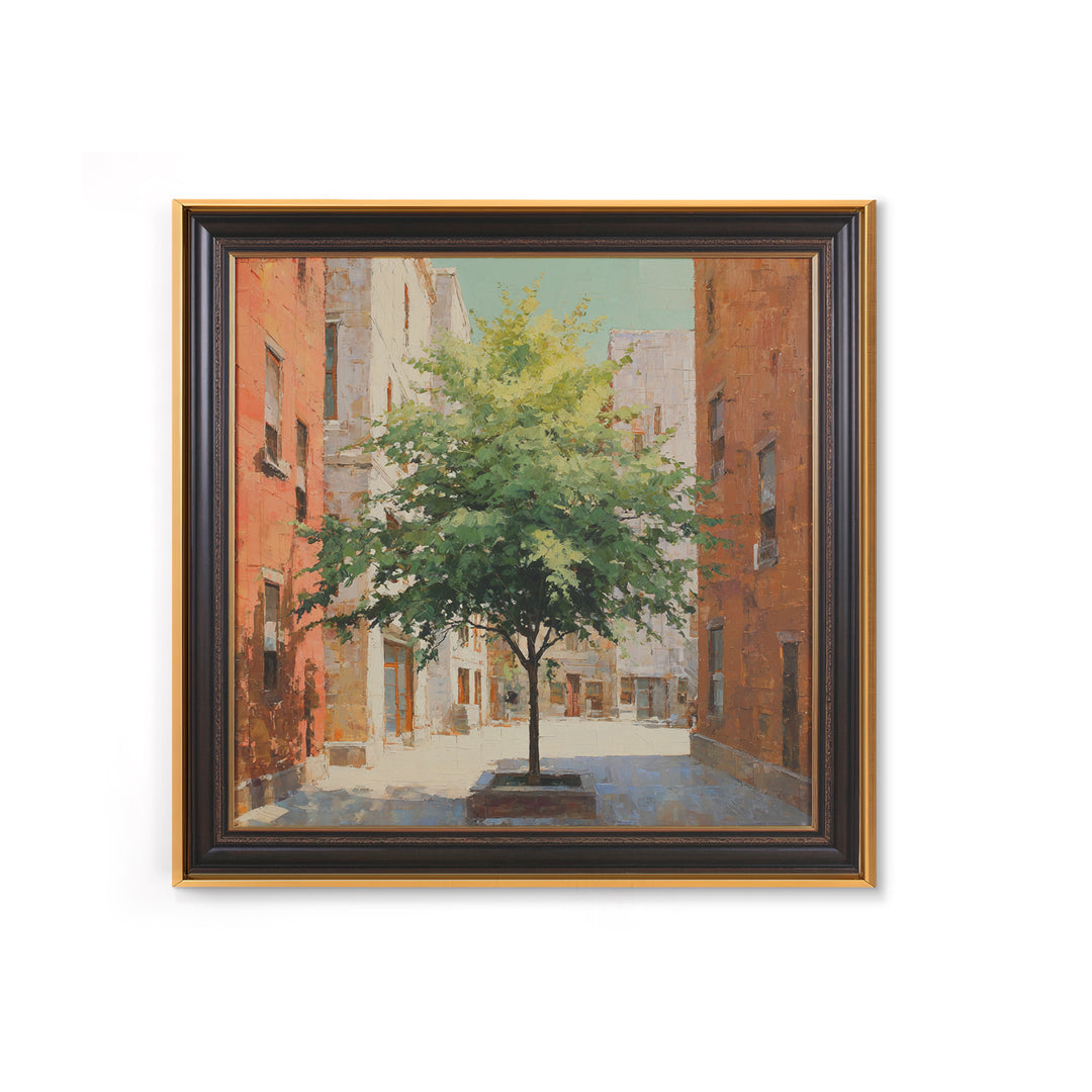 City Park Tree Framed by Buildings Framed Canvas Print, Urban Art, Colorful Wall Art, Living Room Decor, Abstract Art, Urban, URB-1x1-66