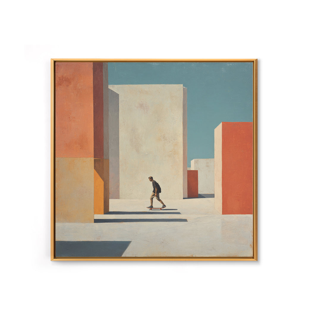 Skateboarder Crossing a Concrete Plaza Framed Canvas Print, Urban Art, Textured Wall Art, Living Room Decor, Fine Art, Urban, URB-1x1-7