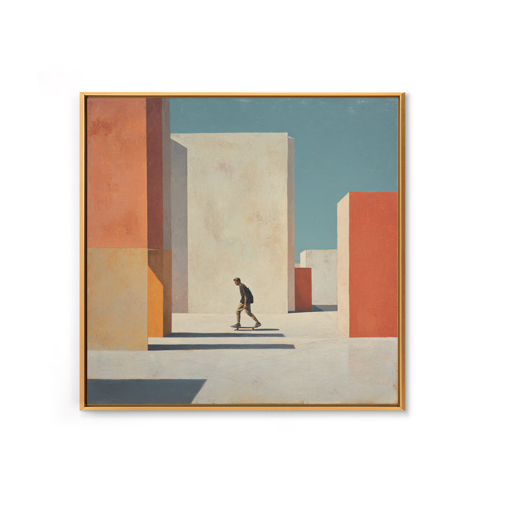 Skateboarder Crossing a Concrete Plaza Framed Canvas Print, Urban Art, Textured Wall Art, Living Room Decor, Fine Art, Urban, URB-1x1-7
