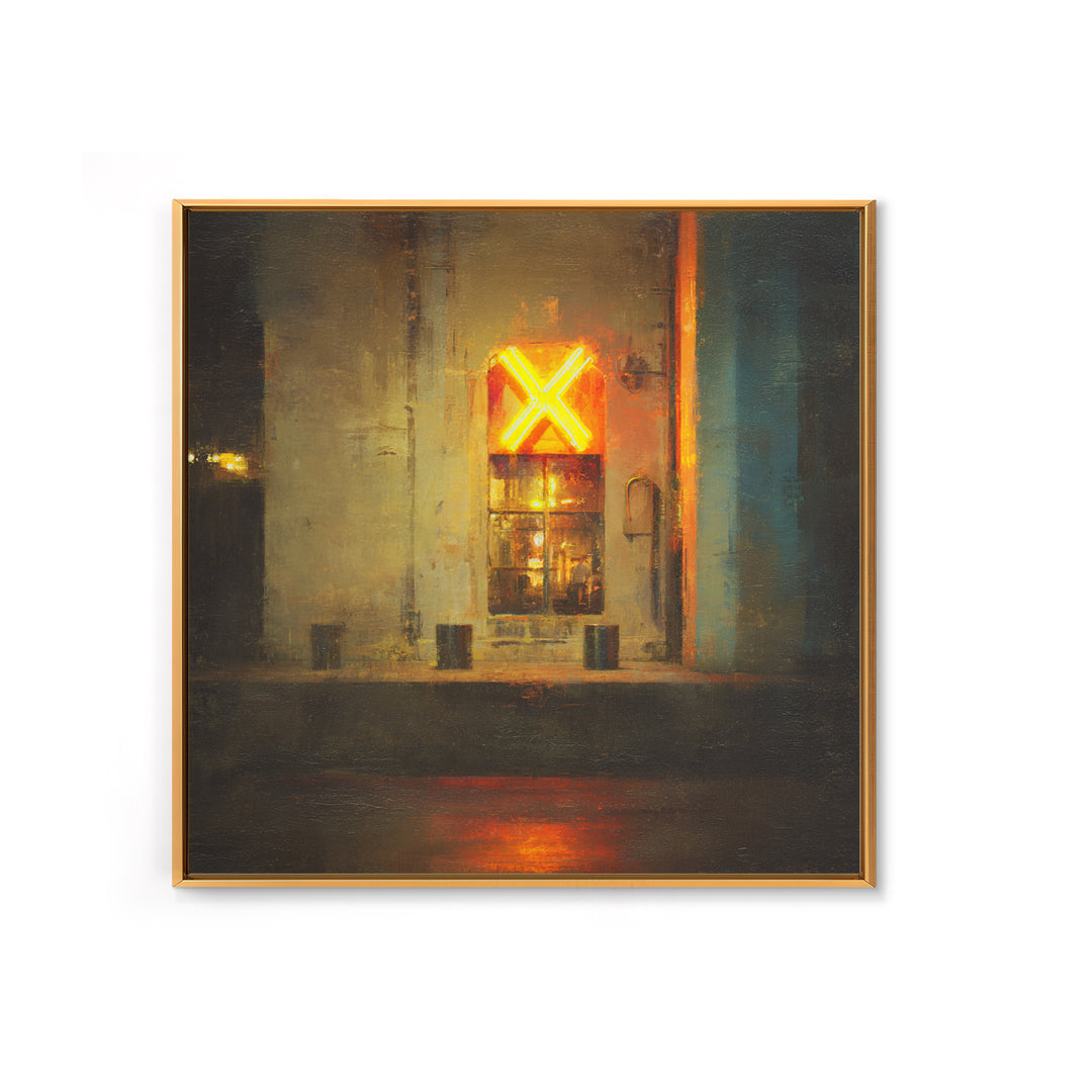 Neon Sign Glow Reflected on Black Street Framed Canvas Print, Urban Art, Gallery Decor, Living Room Decor, Fine Art, Urban, URB-1x1-78