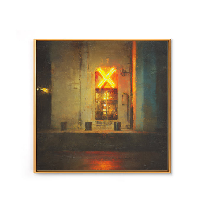 Neon Sign Glow Reflected on Black Street Framed Canvas Print, Urban Art, Gallery Decor, Living Room Decor, Fine Art, Urban, URB-1x1-78