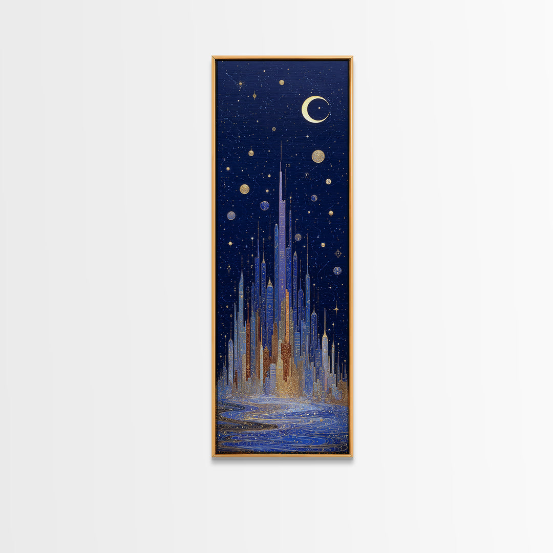 Night Skyline under Crescent Moon Canvas Print, Urban Art, Boho Decor, Living Room Decor, Abstract Art, Urban, Digital Prints, URB-1x3-12