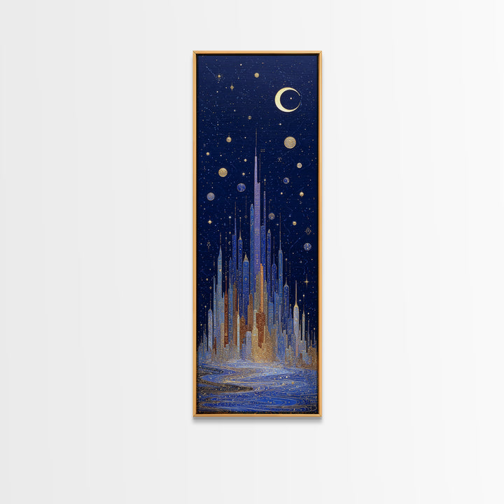 Night Skyline under Crescent Moon Canvas Print, Urban Art, Boho Decor, Living Room Decor, Abstract Art, Urban, Digital Prints, URB-1x3-12