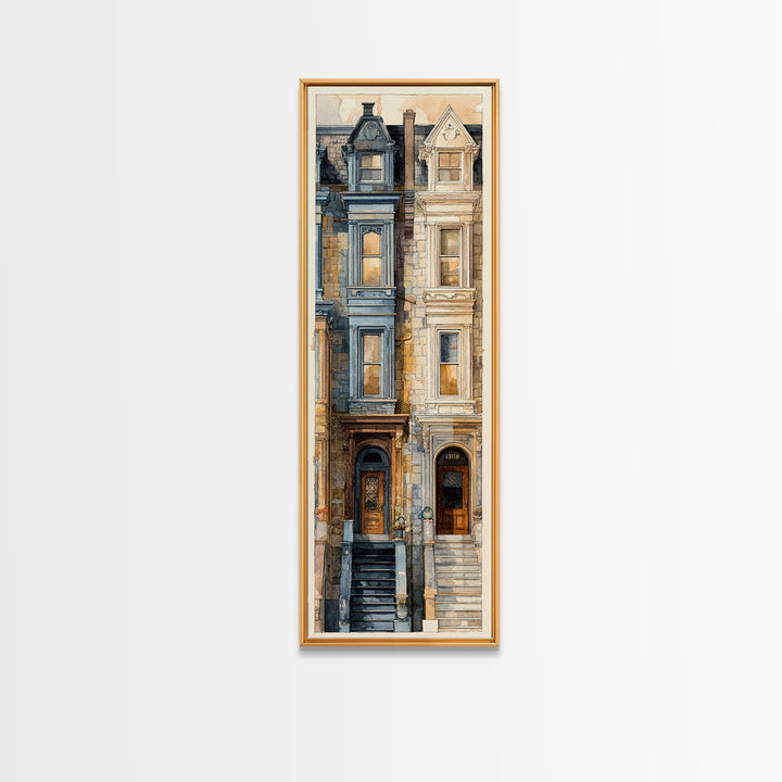 Brownstone Row in Soft Morning Light Framed Canvas Print, Urban Art, Art Print, Living Room Decor, Urban, Oil Painting, URB-1x3-24